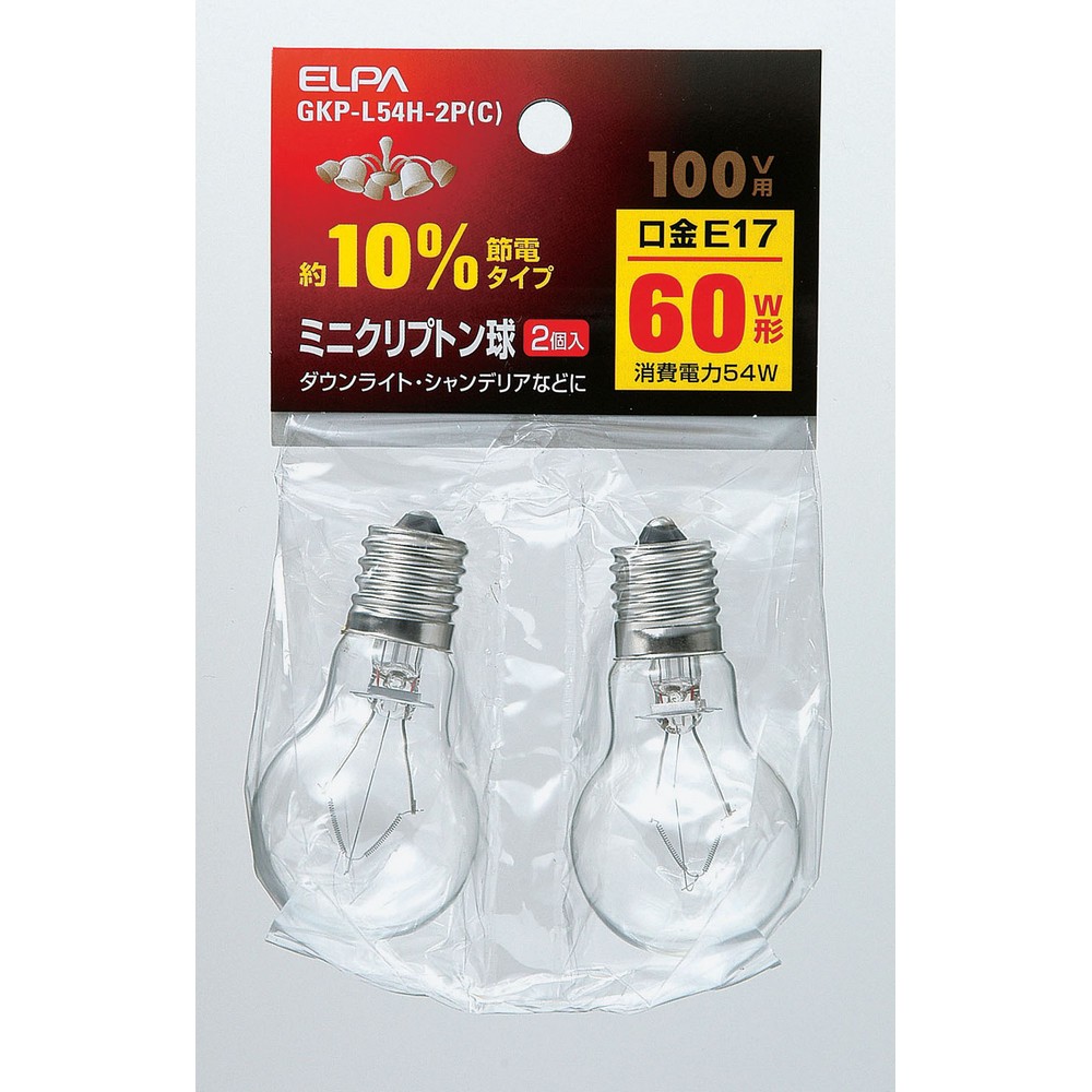 エルパ ミニクリプトン球 60W E17 クリア 2個入 GKP-L54H-2P (C)