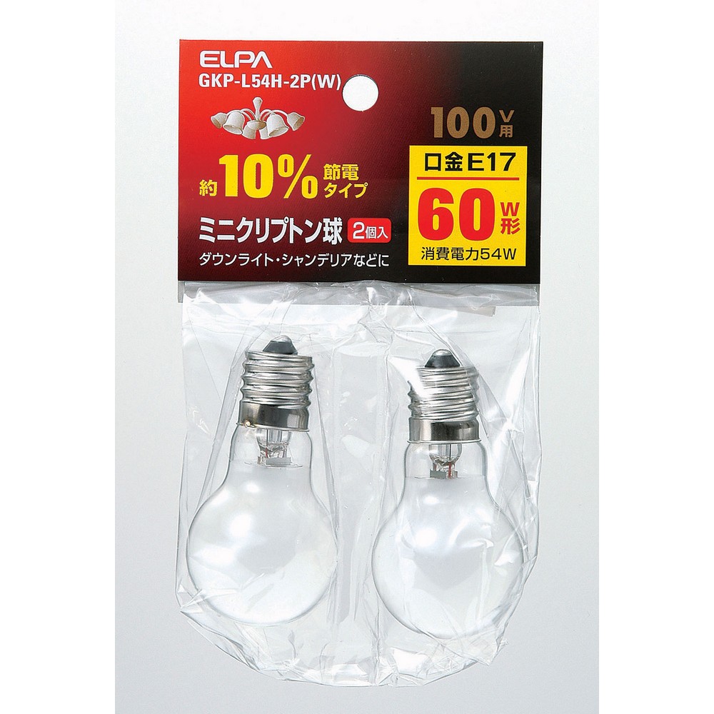 エルパ ミニクリプトン球 60W E17 ホワイト 2個入り GKP-L54H-2P (W)