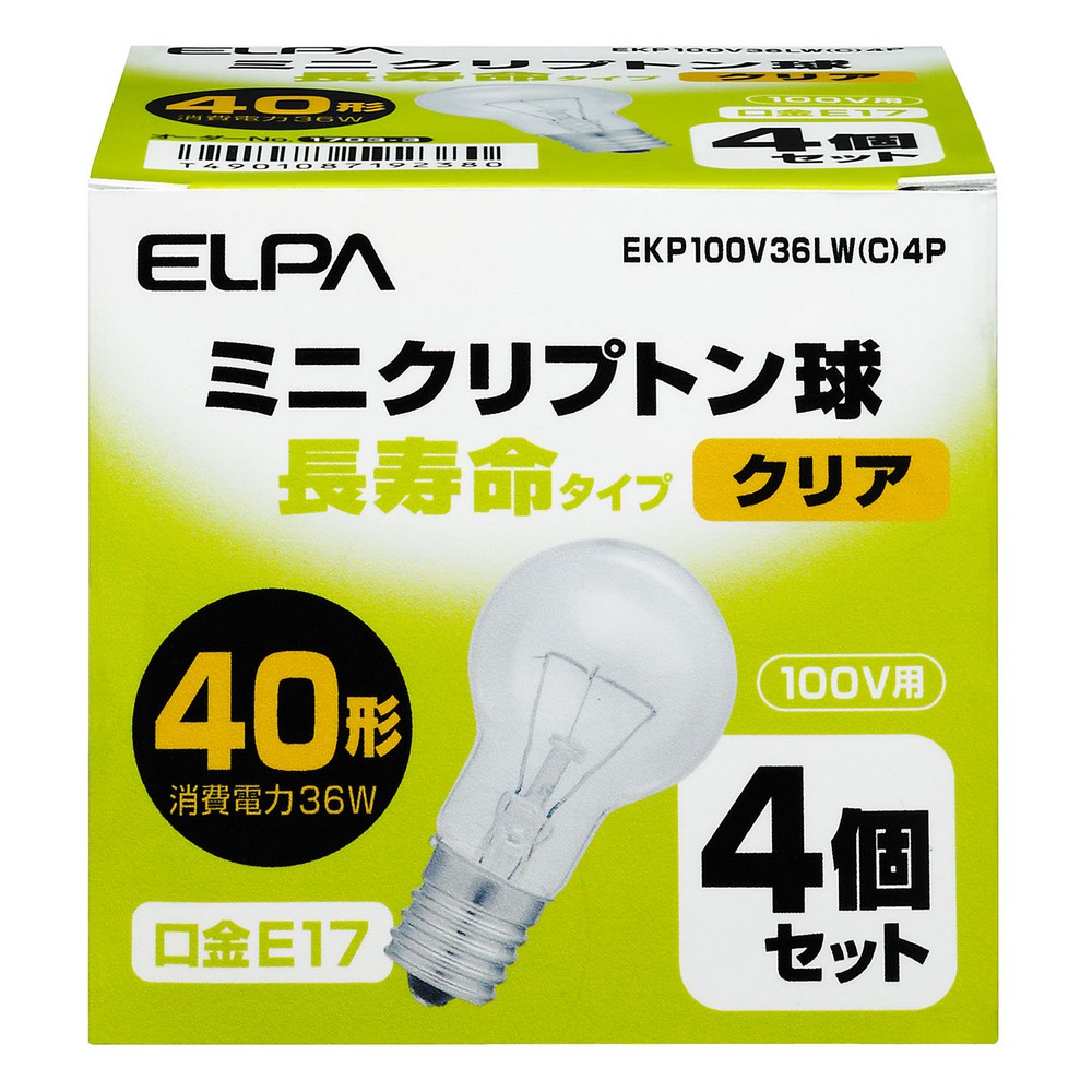 エルパ ミニクリプトン球 長寿命タイプ 40W形 100V E17 クリア 4個入 EKP100V36LW(C)4P