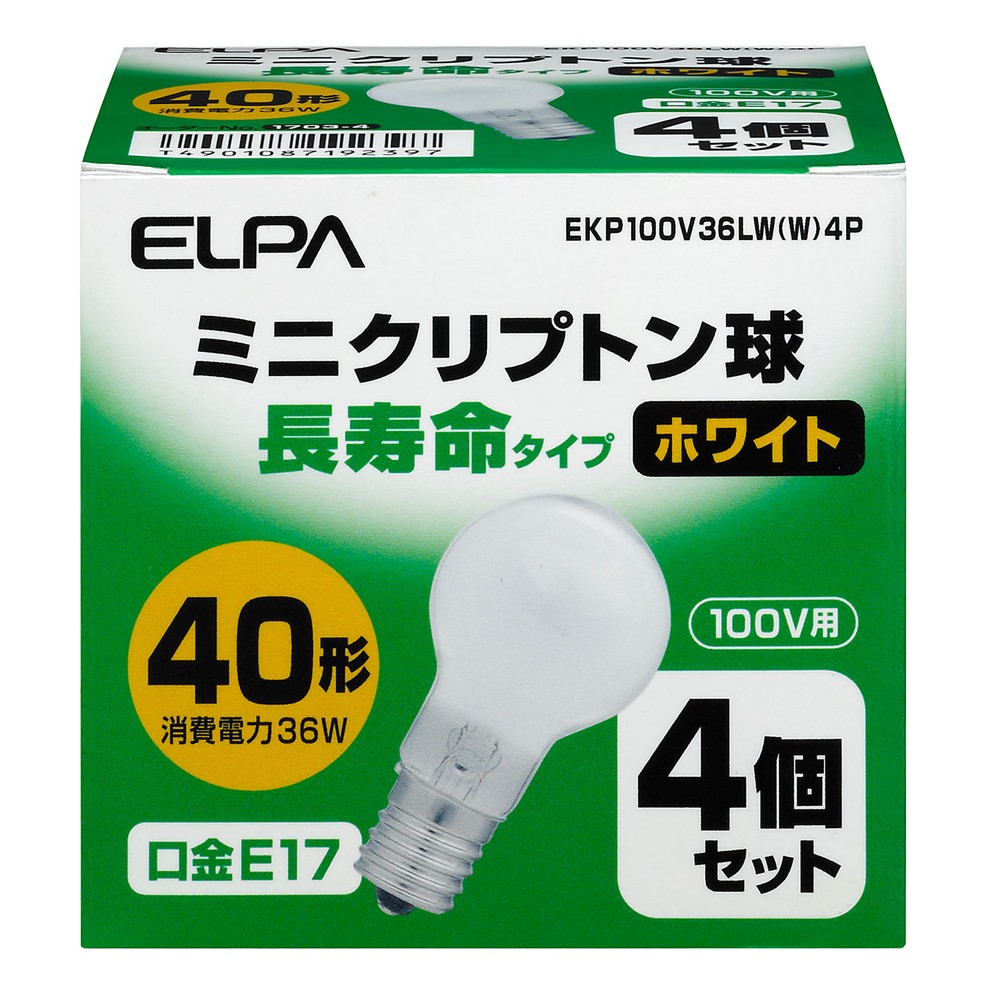 エルパ ミニクリプトン球 長寿命タイプ 40W形 100V E17 ホワイト 4個入 EKP100V36LW(W)4P