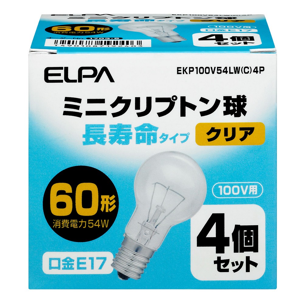 エルパ ミニクリプトン球 長寿命タイプ 60W形 100V E17 クリア 4個入 EKP100V54LW(C)4P